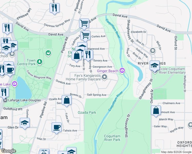 map of restaurants, bars, coffee shops, grocery stores, and more near 3220 Dunkirk Avenue in Coquitlam
