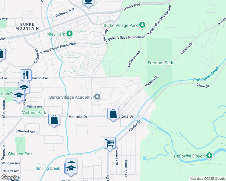 map of restaurants, bars, coffee shops, grocery stores, and more near Rocklin Street in Coquitlam