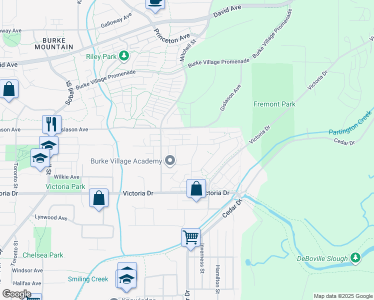 map of restaurants, bars, coffee shops, grocery stores, and more near 3540 Baycrest Avenue in Coquitlam