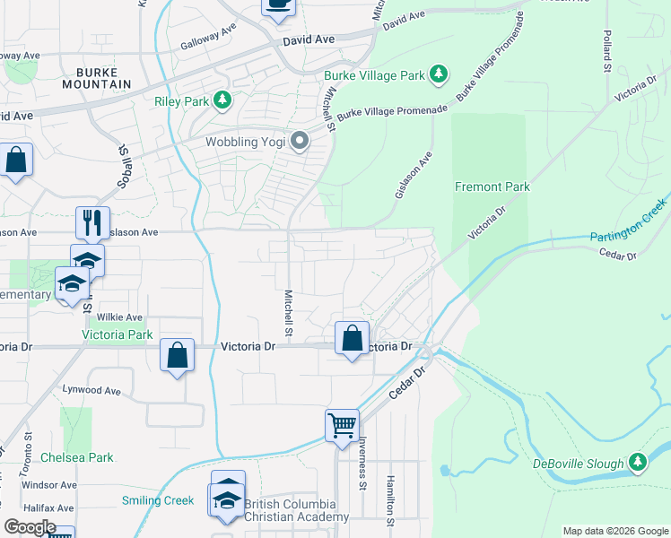 map of restaurants, bars, coffee shops, grocery stores, and more near 3525 Baycrest Avenue in Coquitlam