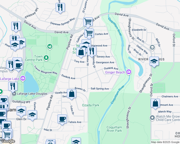 map of restaurants, bars, coffee shops, grocery stores, and more near 3203 Dunkirk Avenue in Coquitlam