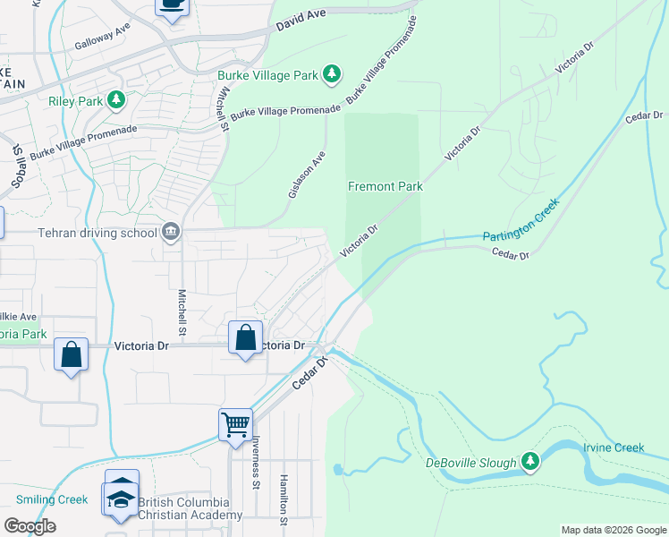 map of restaurants, bars, coffee shops, grocery stores, and more near 3580 Victoria Drive in Coquitlam