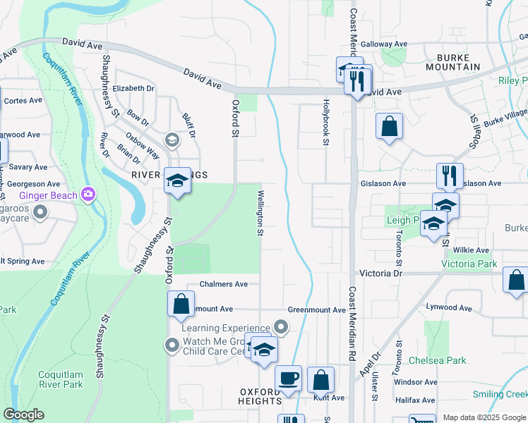 map of restaurants, bars, coffee shops, grocery stores, and more near 3282 Wellington Court in Coquitlam