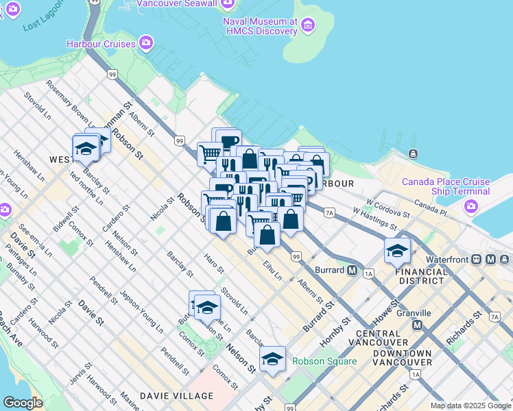 map of restaurants, bars, coffee shops, grocery stores, and more near in Vancouver