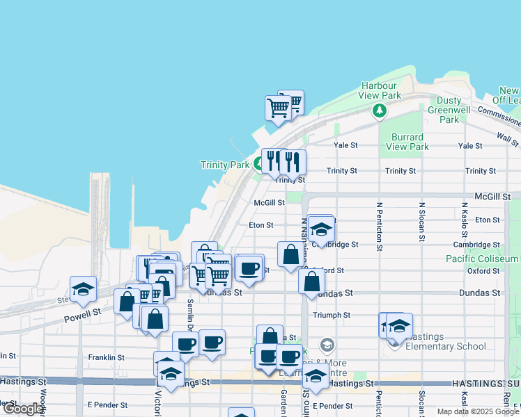 map of restaurants, bars, coffee shops, grocery stores, and more near 2244 McGill Street in Vancouver