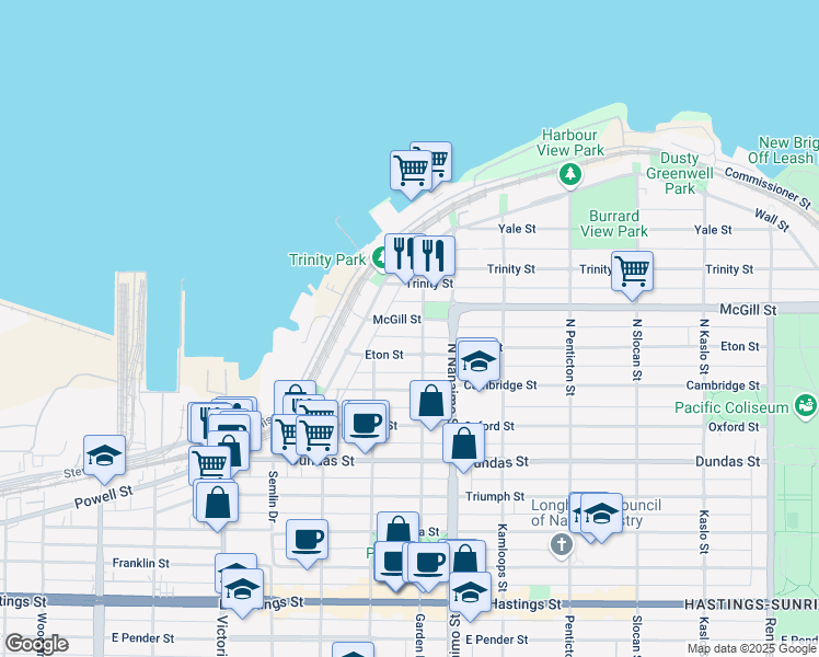 map of restaurants, bars, coffee shops, grocery stores, and more near in Vancouver