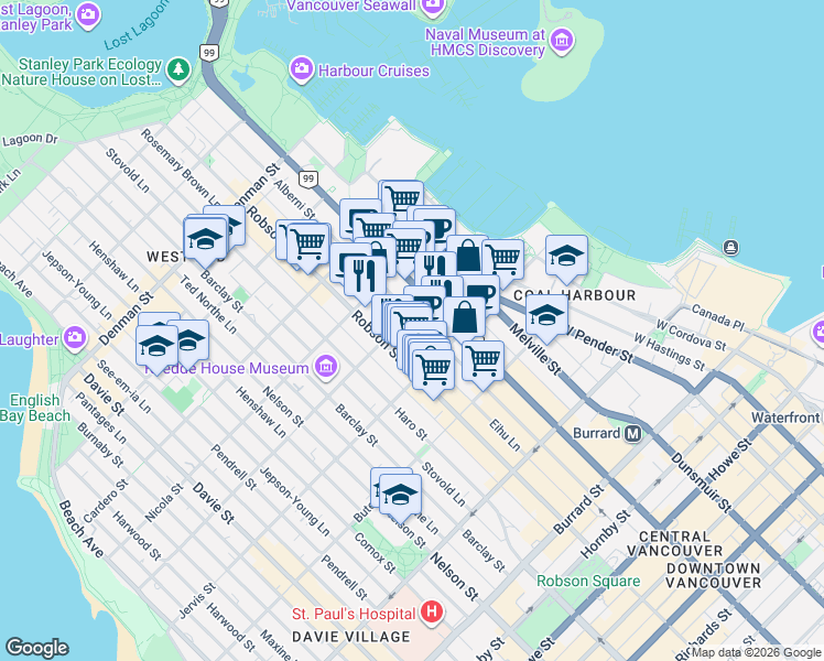 map of restaurants, bars, coffee shops, grocery stores, and more near 738 Broughton Street in Vancouver