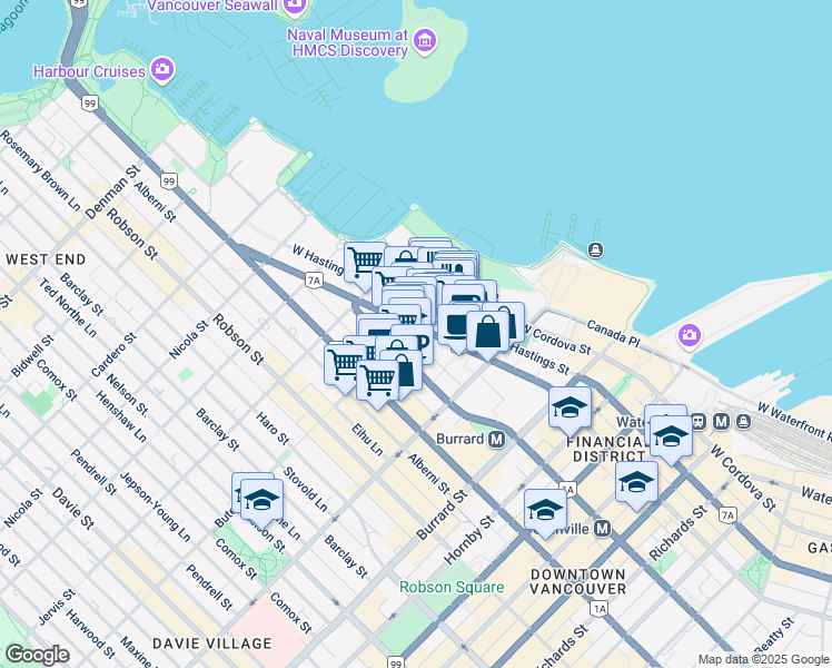 map of restaurants, bars, coffee shops, grocery stores, and more near in Vancouver