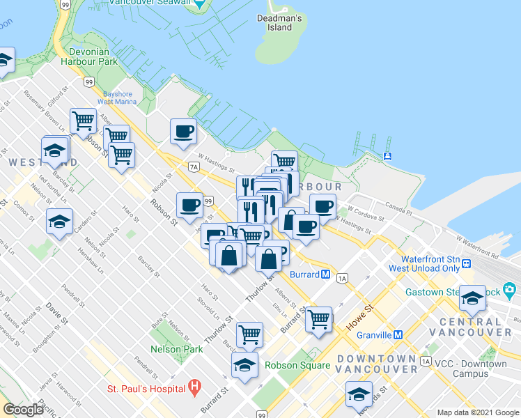 map of restaurants, bars, coffee shops, grocery stores, and more near in Vancouver