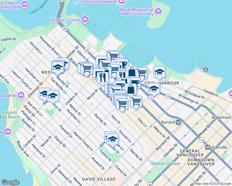 map of restaurants, bars, coffee shops, grocery stores, and more near 1444 Alberni Street in Vancouver