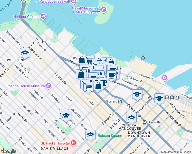 map of restaurants, bars, coffee shops, grocery stores, and more near 1211 Melville Street in Vancouver