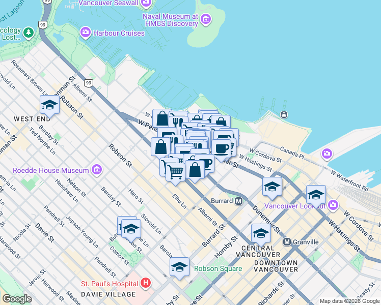 map of restaurants, bars, coffee shops, grocery stores, and more near 1211 Melville Street in Vancouver