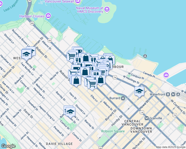 map of restaurants, bars, coffee shops, grocery stores, and more near 1281 West Georgia Street in Vancouver