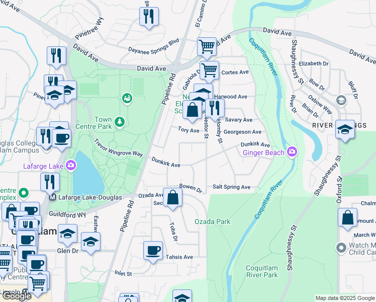 map of restaurants, bars, coffee shops, grocery stores, and more near 1238 Wise Court in Coquitlam