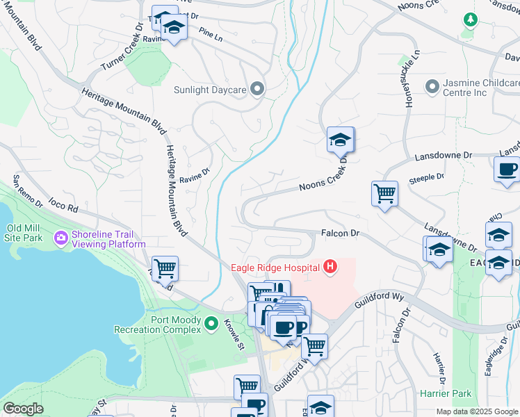 map of restaurants, bars, coffee shops, grocery stores, and more near 890 Cunningham Lane in Port Moody