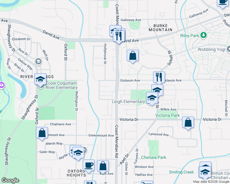 map of restaurants, bars, coffee shops, grocery stores, and more near 1250 Coast Meridian Road in Coquitlam