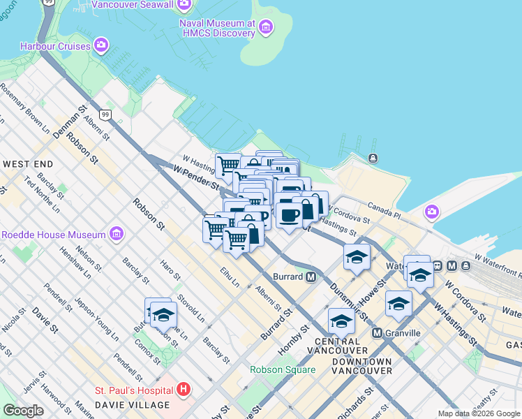 map of restaurants, bars, coffee shops, grocery stores, and more near 1188 West Pender Street in Vancouver