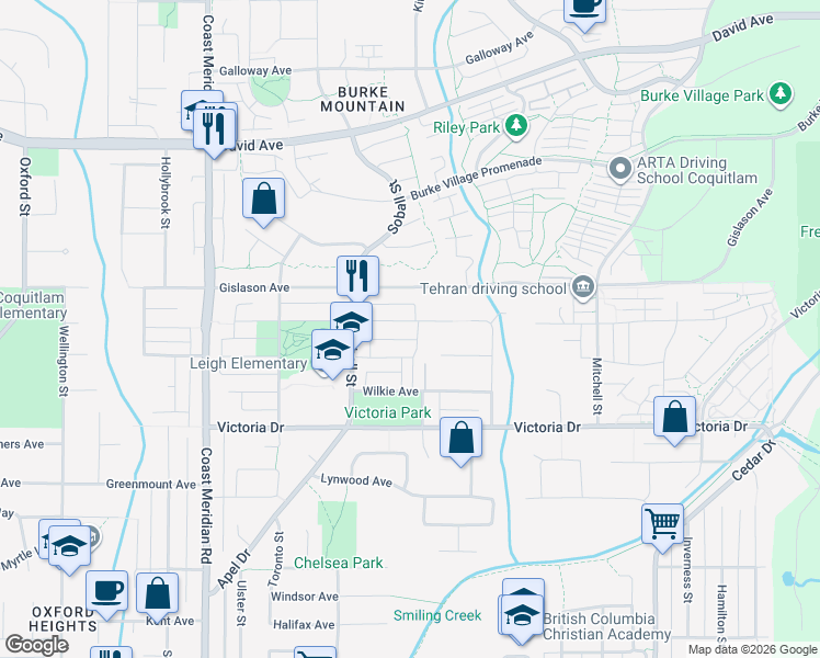 map of restaurants, bars, coffee shops, grocery stores, and more near 3450 Roxton Avenue in Coquitlam