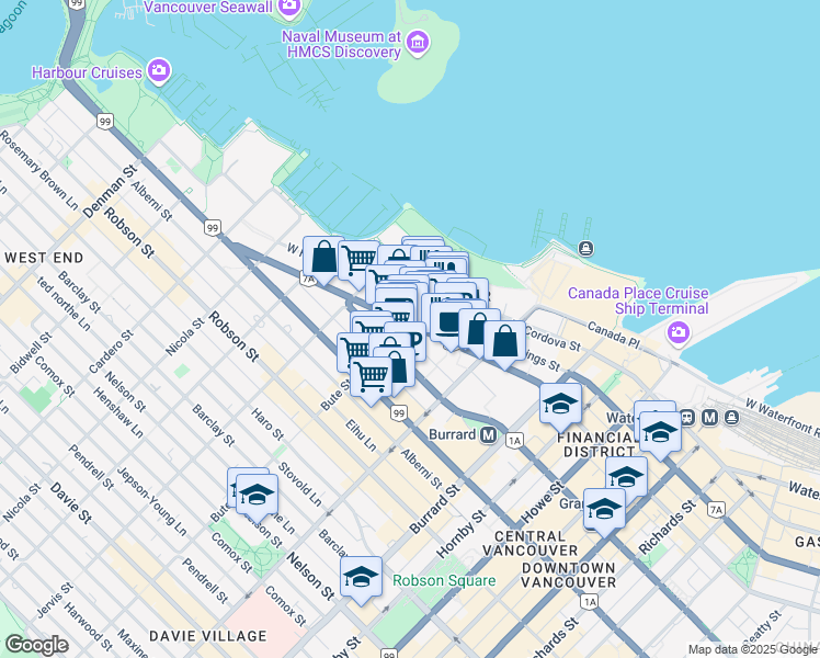 map of restaurants, bars, coffee shops, grocery stores, and more near 1188 West Pender Street in Vancouver