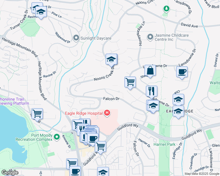 map of restaurants, bars, coffee shops, grocery stores, and more near 640 Thurston Close in Port Moody