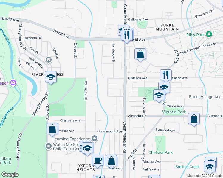 map of restaurants, bars, coffee shops, grocery stores, and more near Carmelo Avenue in Coquitlam