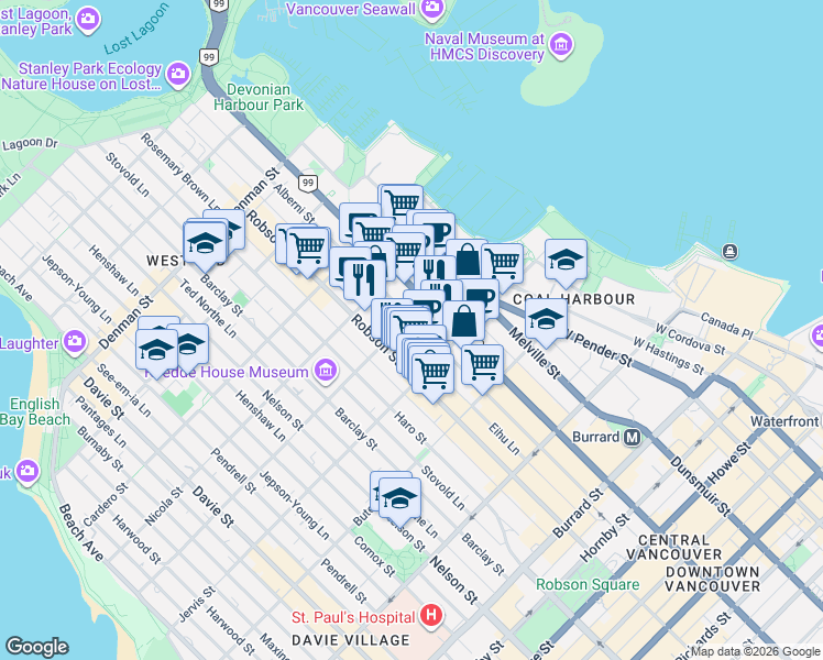 map of restaurants, bars, coffee shops, grocery stores, and more near 738 Broughton Street in Vancouver