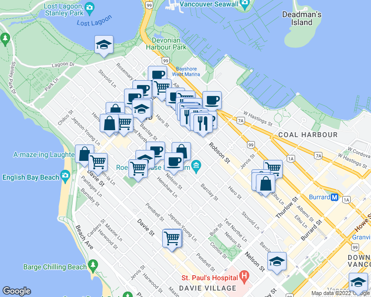 map of restaurants, bars, coffee shops, grocery stores, and more near in Vancouver