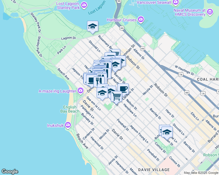map of restaurants, bars, coffee shops, grocery stores, and more near in Vancouver