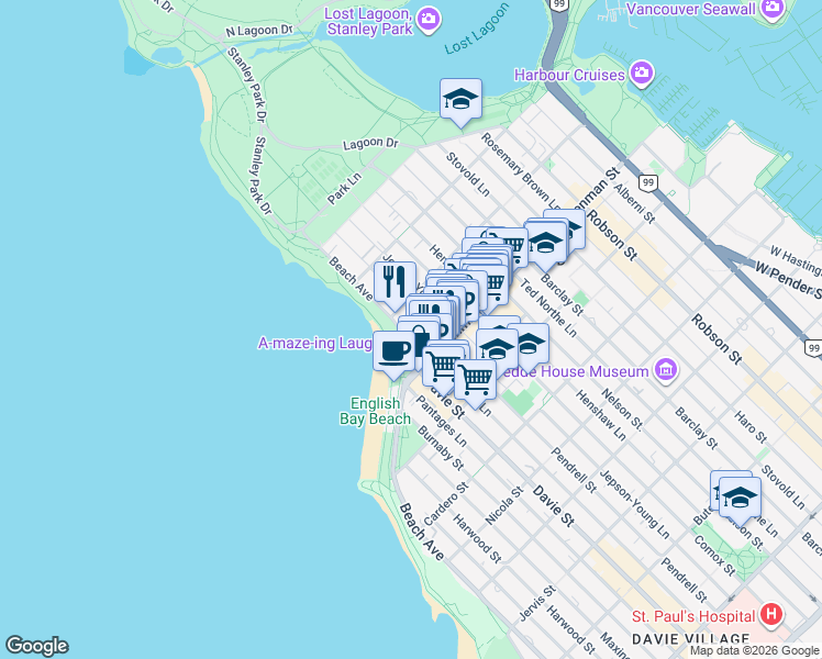map of restaurants, bars, coffee shops, grocery stores, and more near in Vancouver