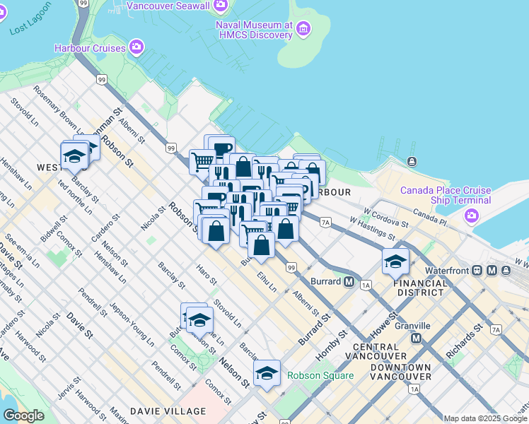map of restaurants, bars, coffee shops, grocery stores, and more near 1238 Melville Street in Vancouver