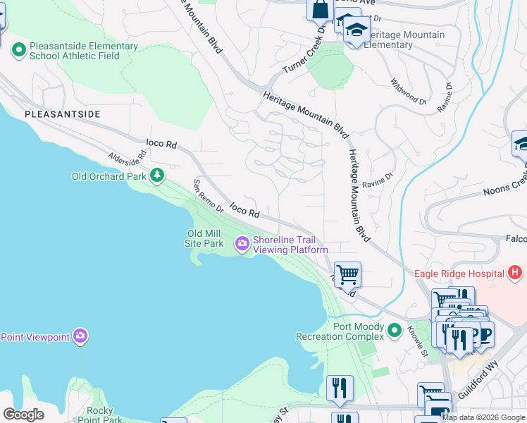 map of restaurants, bars, coffee shops, grocery stores, and more near 11 Harbour Place in Port Moody