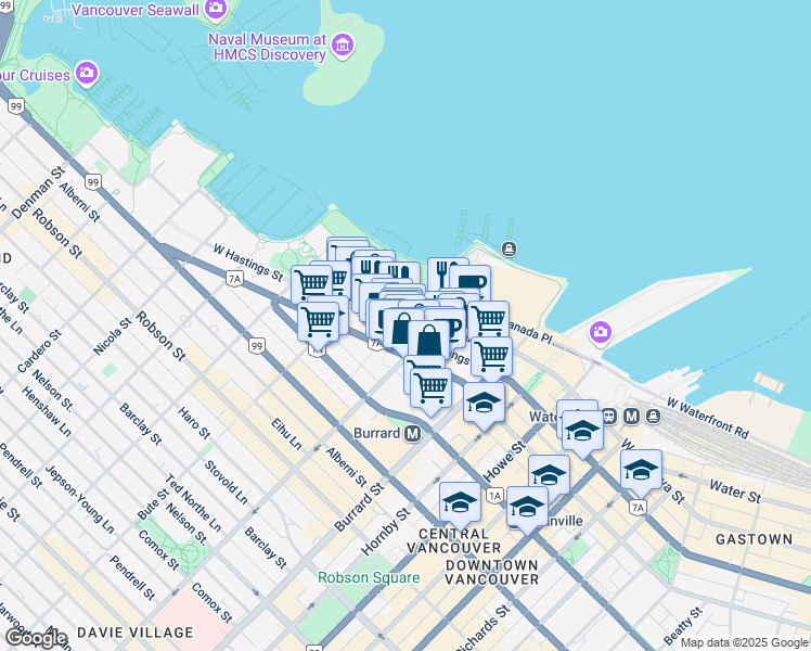 map of restaurants, bars, coffee shops, grocery stores, and more near 1133 West Hastings Street in Vancouver