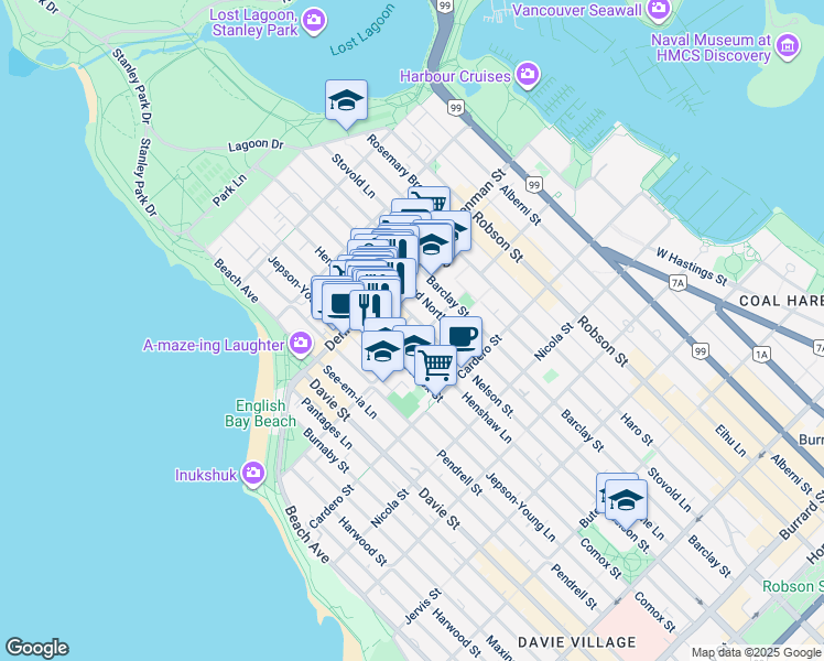 map of restaurants, bars, coffee shops, grocery stores, and more near 1718 Nelson Street in Vancouver