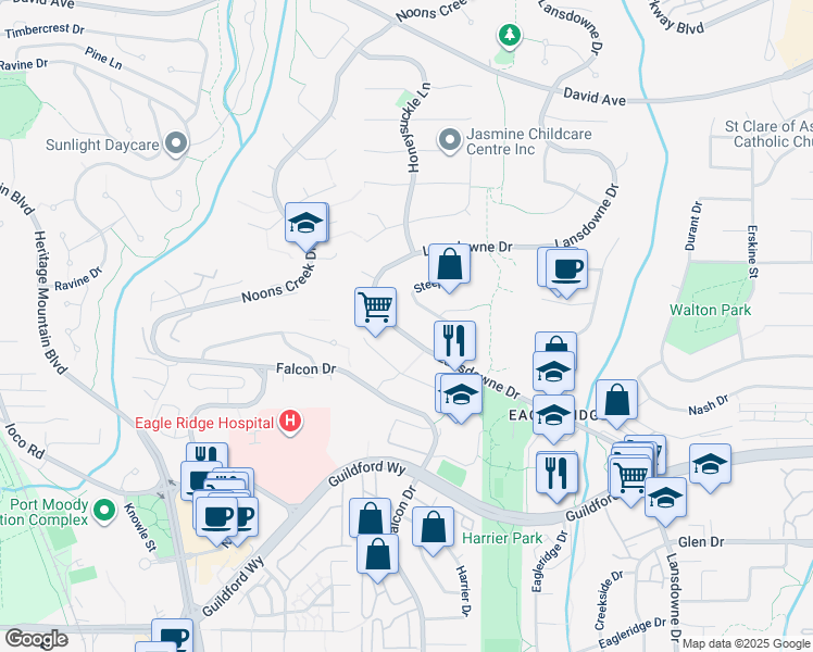 map of restaurants, bars, coffee shops, grocery stores, and more near 1291 Lansdowne Drive in Coquitlam