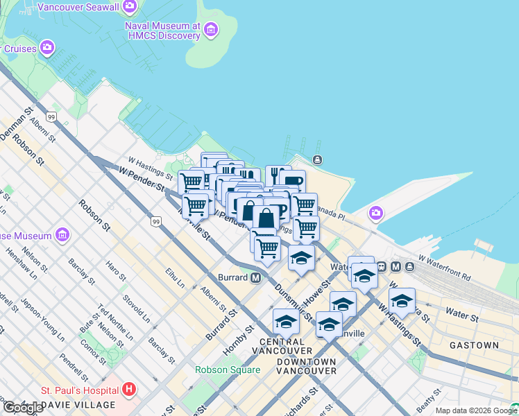 map of restaurants, bars, coffee shops, grocery stores, and more near in Vancouver
