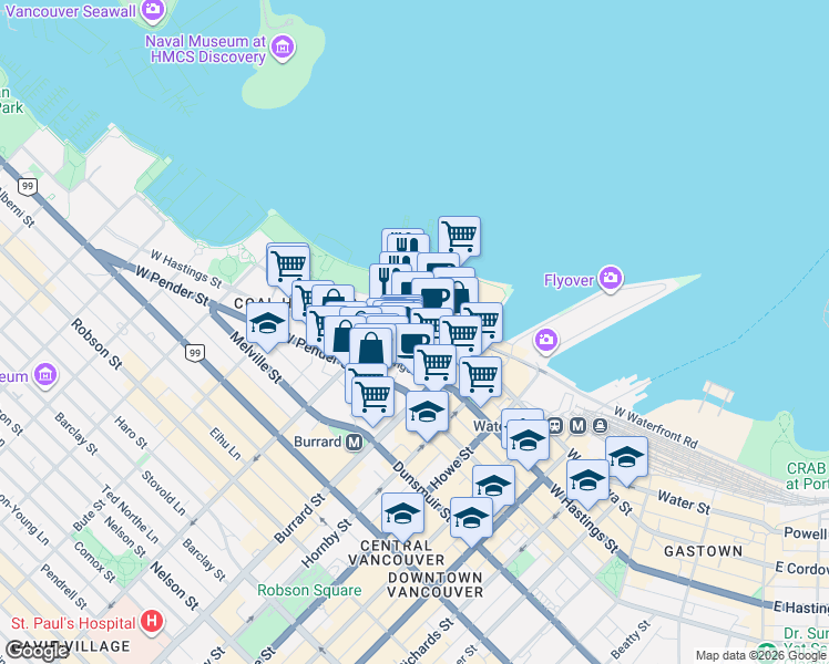 map of restaurants, bars, coffee shops, grocery stores, and more near 1077 West Cordova Street in Vancouver