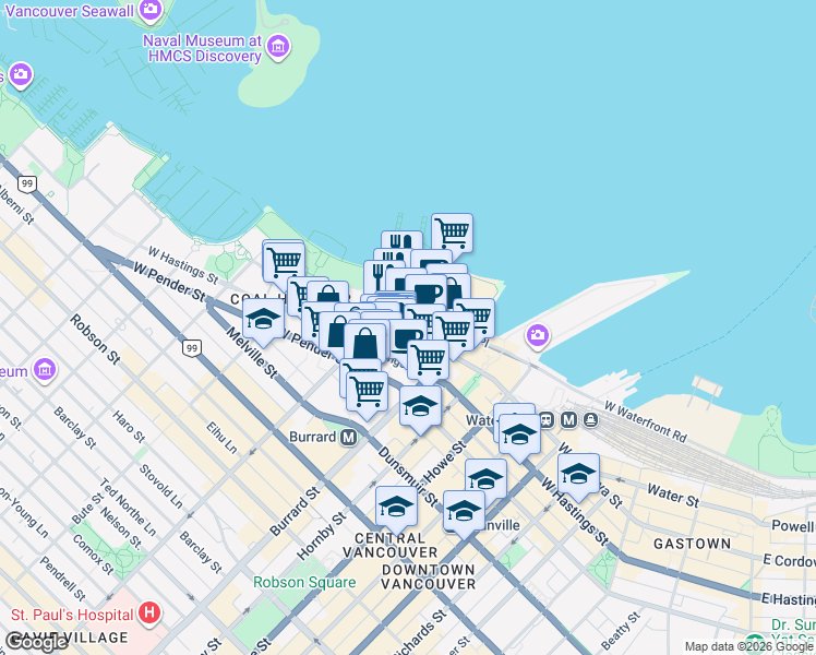 map of restaurants, bars, coffee shops, grocery stores, and more near 1077 West Cordova Street in Vancouver