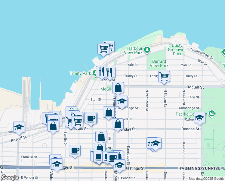map of restaurants, bars, coffee shops, grocery stores, and more near 2390 McGill Street in Vancouver