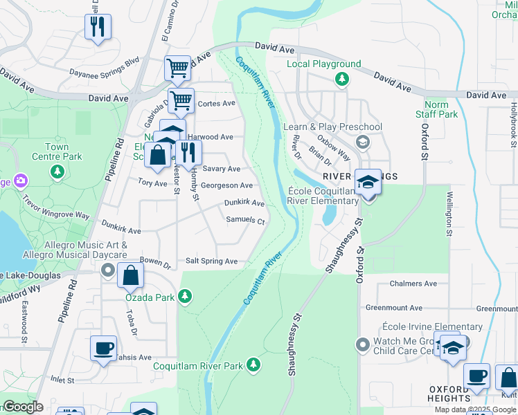 map of restaurants, bars, coffee shops, grocery stores, and more near 3268 Dunkirk Avenue in Coquitlam