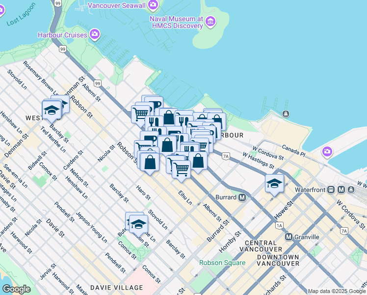 map of restaurants, bars, coffee shops, grocery stores, and more near 1238 Melville Street in Vancouver