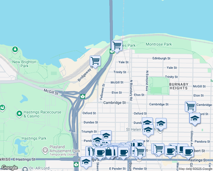 map of restaurants, bars, coffee shops, grocery stores, and more near 3566 McGill Street in Vancouver
