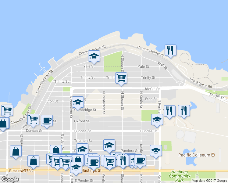 map of restaurants, bars, coffee shops, grocery stores, and more near 2640 McGill Street in Vancouver