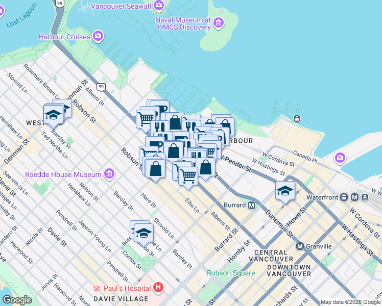 map of restaurants, bars, coffee shops, grocery stores, and more near 610 Jervis Street in Vancouver