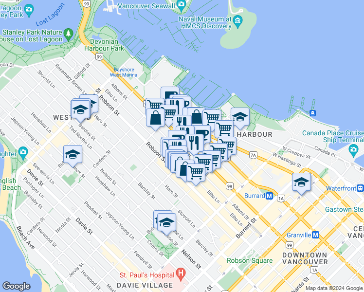 map of restaurants, bars, coffee shops, grocery stores, and more near 503-1333 West Georgia Street in Vancouver