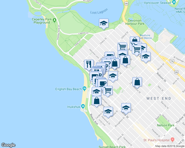 map of restaurants, bars, coffee shops, grocery stores, and more near in Vancouver