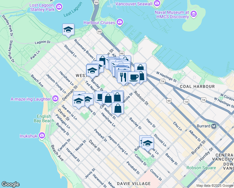 map of restaurants, bars, coffee shops, grocery stores, and more near in Vancouver