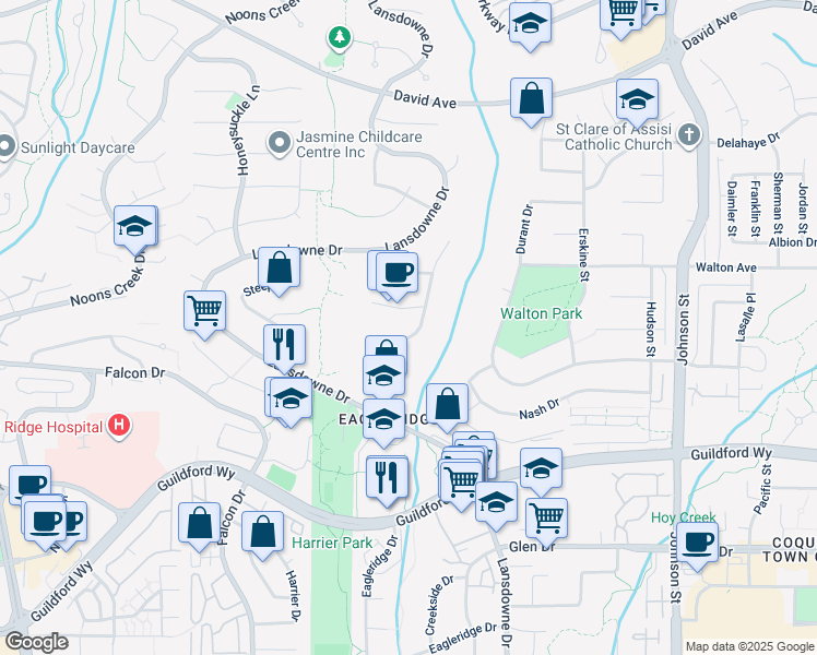 map of restaurants, bars, coffee shops, grocery stores, and more near 1320 Charter Hill Drive in Coquitlam