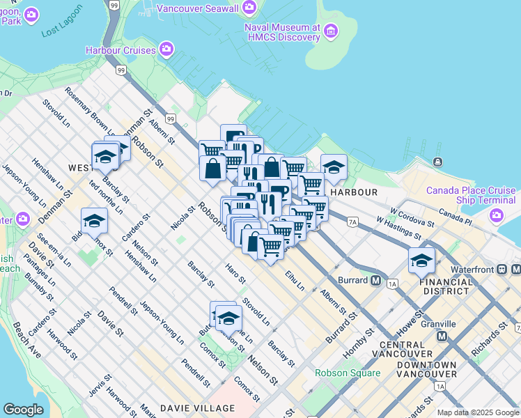 map of restaurants, bars, coffee shops, grocery stores, and more near 1302 West Georgia Street in Vancouver