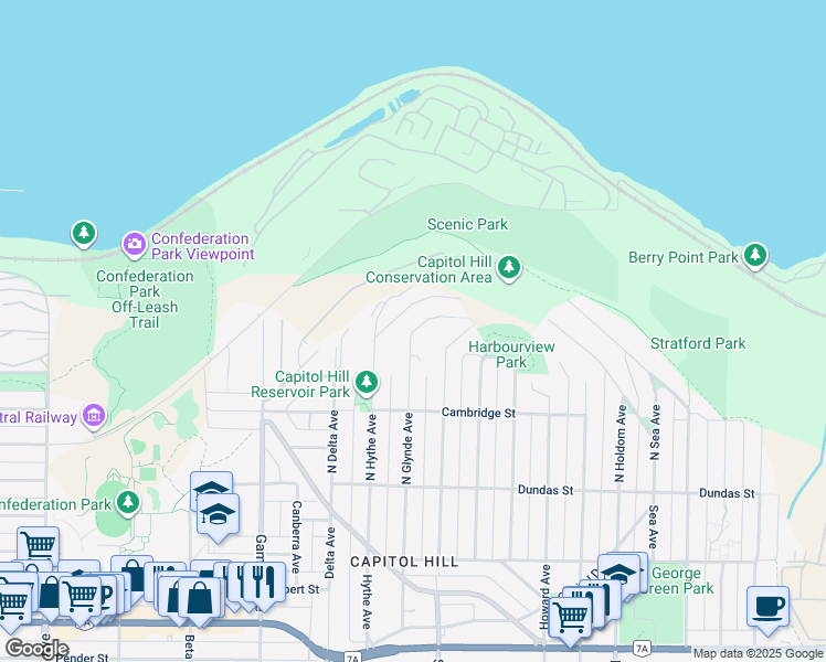map of restaurants, bars, coffee shops, grocery stores, and more near 5111 Harbour View Road in Burnaby