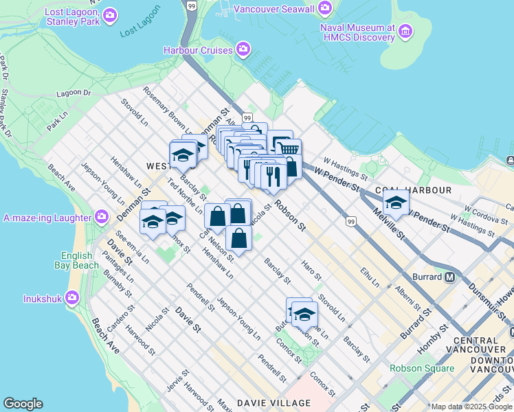 map of restaurants, bars, coffee shops, grocery stores, and more near 1542 Robson Street in Vancouver